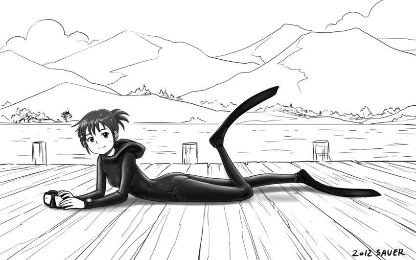 copyright_request flippers goggles hill leg_up lying monochrome on_stomach outdoors pier ponytail saver_(artbysaver) short_ponytail solo water wetsuit