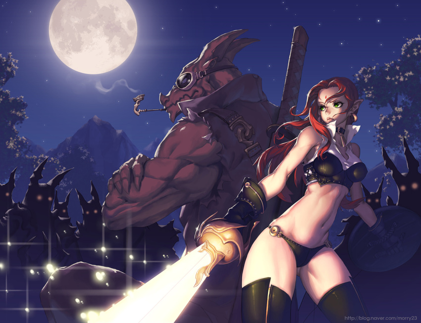 back-to-back choker earrings elf full_moon gloves goggles green_eyes jewelry lips long_hair moon na_in-sung navel night original panties pipe pointy_ears red_hair redhead sheath sheathed shield sky smoking standing sword thigh-highs thighhighs tree underwear watermark weapon web_address