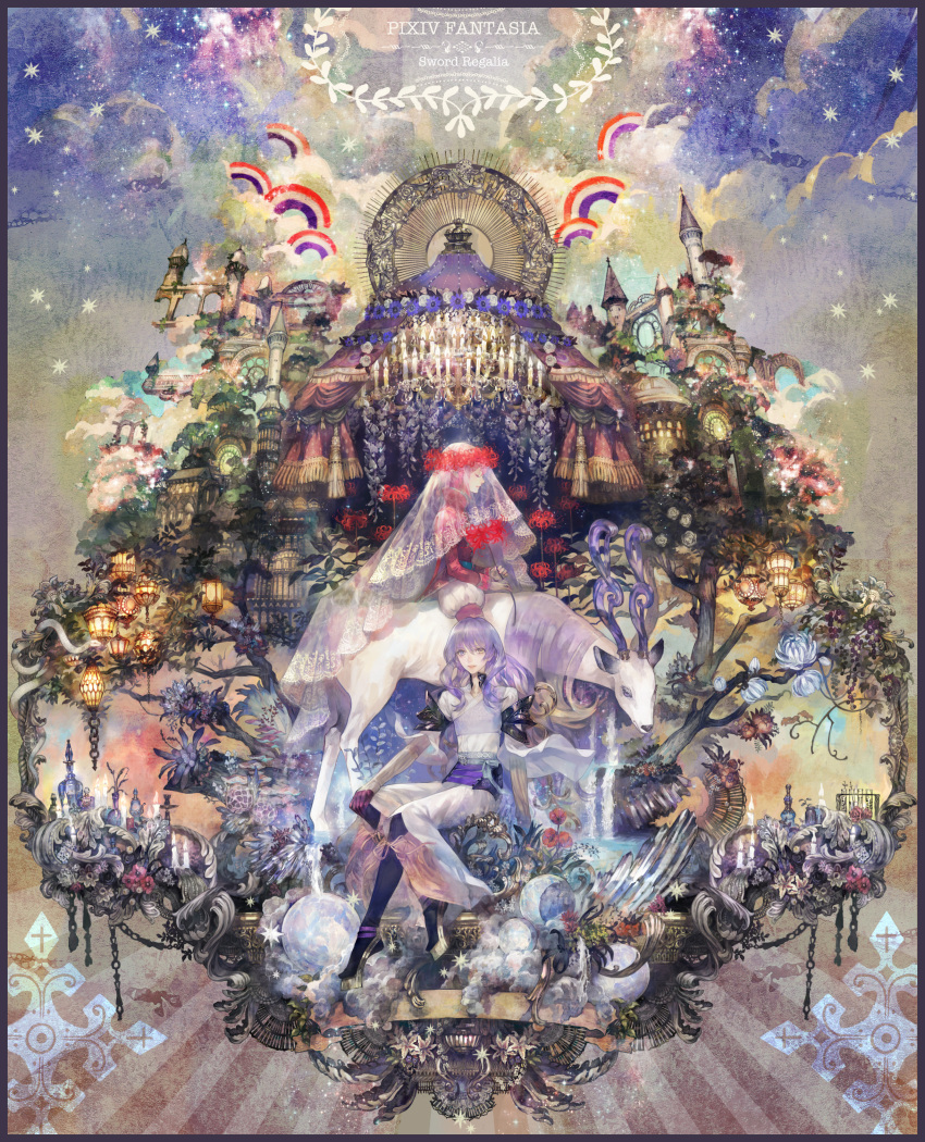 1girl 2boys absurdres androgynous building candle chandelier cloud clouds deer flower highres horns lamp multiple_boys pixiv_fantasia pixiv_fantasia_sword_regalia profile purple_eyes purple_hair riding sitting spider_lily star_(sky) title_drop uziyama veil violet_eyes wreath