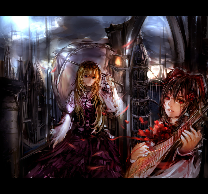 bleeding blonde_hair blood bow brown_hair building cross flower hair_bow hair_ornament hair_ribbon hakurei_reimu highres injury instrument long_hair long_sleeves misako multiple_girls purple_eyes red_eyes ribbon rose smile touhou umbrella very_long_hair violet_eyes yakumo_yukari