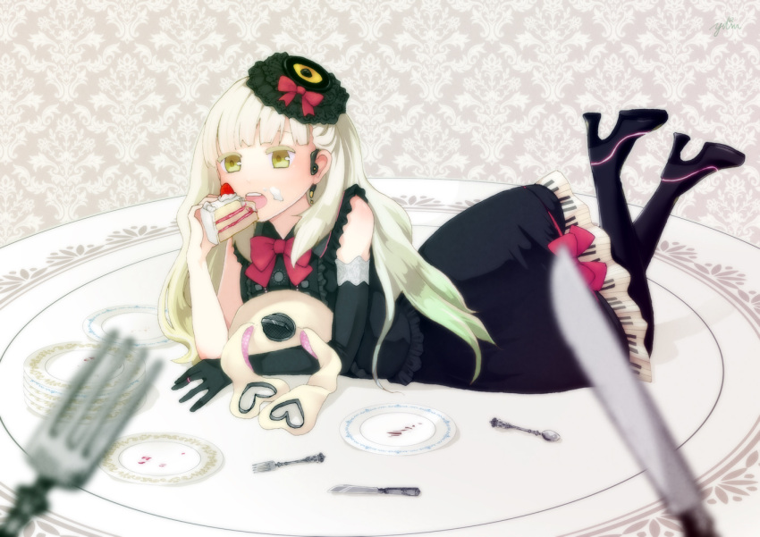 boots bowtie cake dress elbow_gloves food fork fruit gloves green_eyes high_heels knife mayu_(vocaloid) on_stomach open_mouth pantyhose plate shoes strawberry vocaloid y8dm