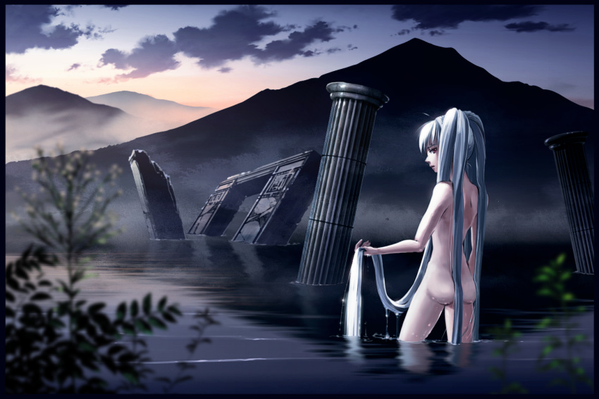 amber_eyes ass border column from_behind holding holding_hair long_hair looking_back mountain nude original partially_submerged pillar red_eyes ruins scenery silver_hair solo technoheart twintails very_long_hair water wet white_hair