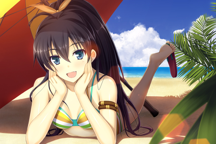 :d arm_support barefoot beach beach_umbrella between_toes bikini black_hair blue_eyes fang feet ganaha_hibiki hands_on_own_cheeks hands_on_own_face idolmaster idolmaster_cinderella_girls ihara_asta looking_at_viewer lying multicolored_stripes ocean on_stomach open_mouth ponytail sandals shoe_dangle smile soles solo striped striped_bikini striped_swimsuit swimsuit toes umbrella