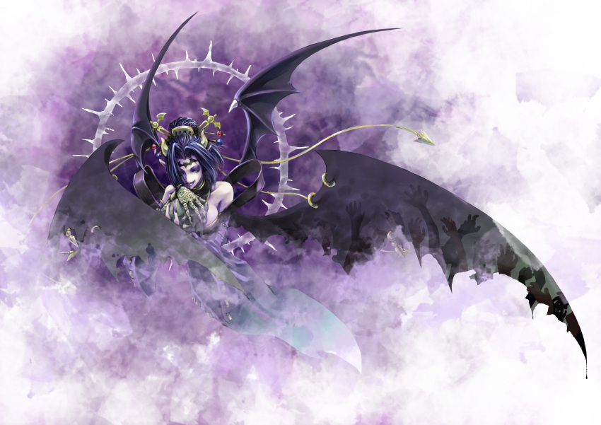 absurdres bare_shoulders bat bat_wings blue_eyes breasts claws demon_girl digimon facial_mark fingernails forehead_mark fragment_of_the_moon hair_ornament highres horns large_breasts lilithmon lipstick makeup mist nail_polish pointy_ears sharp_fingernails short_hair skull smile solo succubus wings
