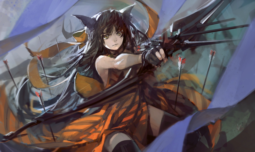 arrow bare_shoulders black_hair blueman bow_(weapon) catgirl gloves highres original thigh-highs thighhighs weapon yellow_eyes