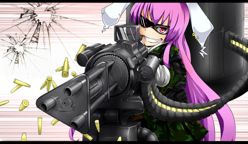 1girl animal_ears bullet bunny_ears bunnygirl earrings gatling_gun glasses grin gun jewelry laser_sight letterboxed long_hair machine_gun mantarou_(shiawase_no_aoi_tori) military military_uniform one-eyed playboy purple_eyes purple_hair rabbit_ears red_eyes reisen_udongein_inaba rotary_cannon shell_casing siawasenoaoitori slit_pupils smile solo sunglasses touhou uniform very_long_hair violet_eyes weapon