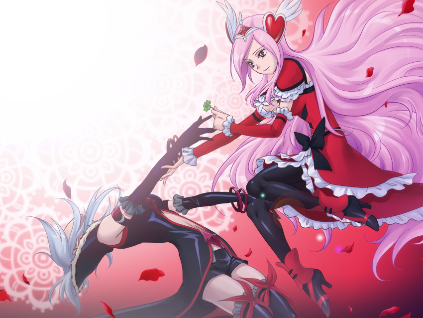1girl arched_back bike_shorts black_gloves black_legwear bow clover cure_passion dress dual_persona eas elbow_gloves four-leaf_clover fresh_precure! frills gloves gradient gradient_background head_wings higashi_setsuna high_heels highres long_hair magical_girl multiple_girls pantyhose petals pink_hair precure red_background red_dress red_eyes ribbon rose_petals say_(sakabin) shoes short_hair thigh-highs thighhighs tiara white_background white_hair