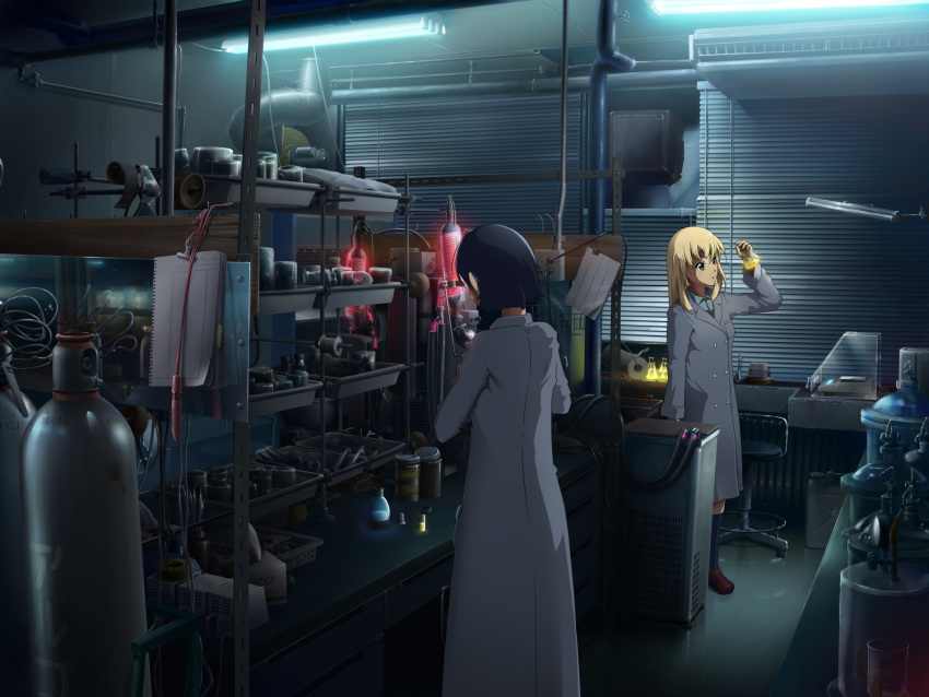 2girls beaker black_hair blonde_hair cable chair copyright_request dark erlenmeyer_flask flask fluorescent_lamp glowing gray_eyes highres holding lab_condenser labcoat laboratory lamp living photorealistic pipes scenery scenic science standing trench_coat vial