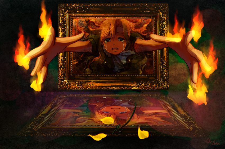 bad_id blonde_hair blue_eyes different_reflection fire flower ib long_hair mary_(ib) outstretched_arms painting painting_(object) petals reflection rose smile solo spoilers tears uchi-asa withered yellow_rose