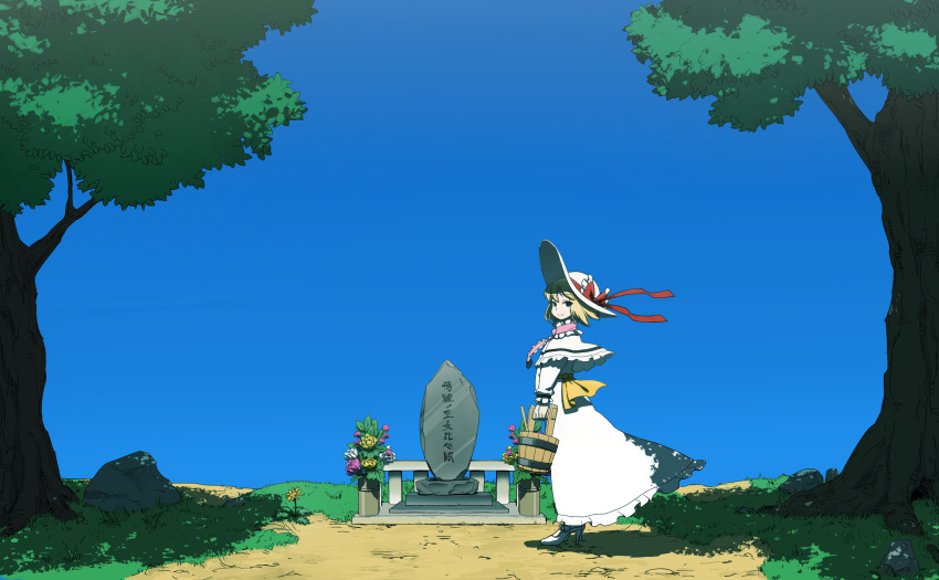 absurdres alice_margatroid bucket capelet death grave hat high_heels highres looking_at_viewer scenery shade shoes sky smile solo sun_hat tombstone touhou translated tree ume_(noraneko) wind
