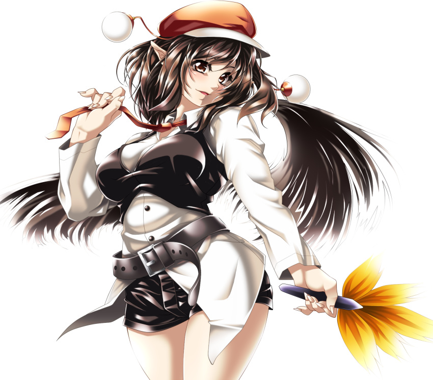 alternate_costume alternate_eye_color alternate_headwear backlighting belt black_wings blush breasts brown_eyes brown_hair buttons fan highres holding long_sleeves necktie open_mouth pointy_ears shameimaru_aya shirt short_hair short_shorts shorts simple_background smile solo touhou vest white_background white_shirt wings yoiti