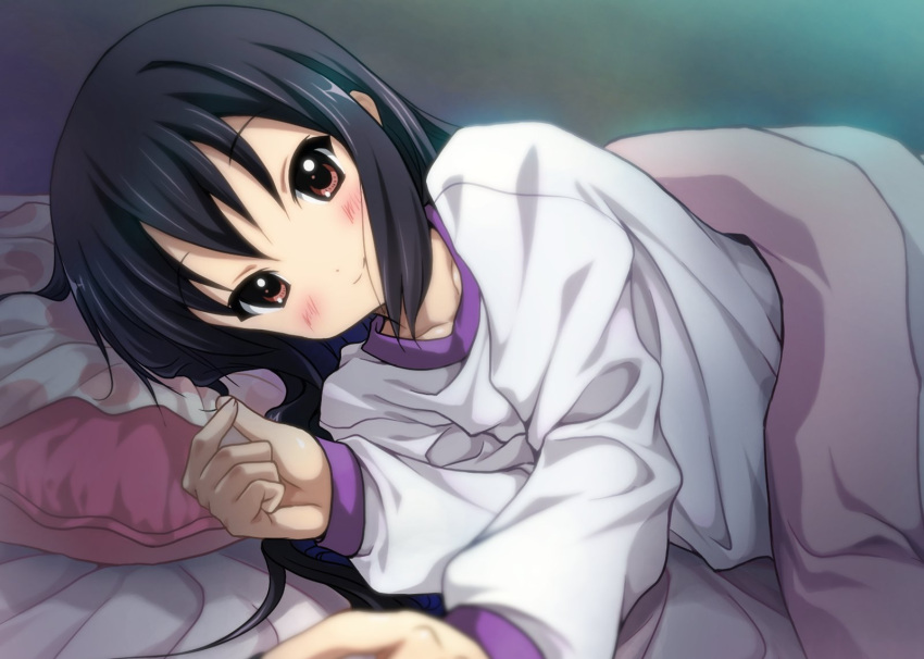 alternate_hairstyle bed black_hair blurry blush brown_eyes depth_of_field foreshortening hair_down highres k-on! long_hair looking_at_viewer lying nakano_azusa on_side outstretched_arm pajamas pillow pov pov_eye_contact ryunnu smile solo