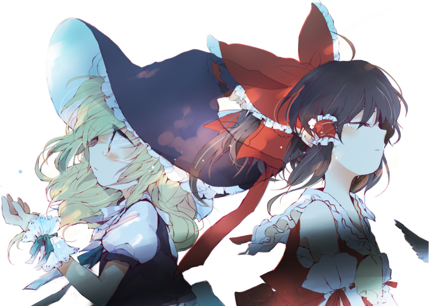 arm_up ascot back-to-back bare_shoulders black_hair blonde_hair bow braid closed_eyes cuffs detached_sleeves frilled_hat hair_bow hair_tubes hakurei_reimu hat hat_bow kirisame_marisa long_hair multiple_girls poprication profile puffy_sleeves short_hair short_sleeves simple_background single_braid tears touhou white_background witch_hat yellow_eyes
