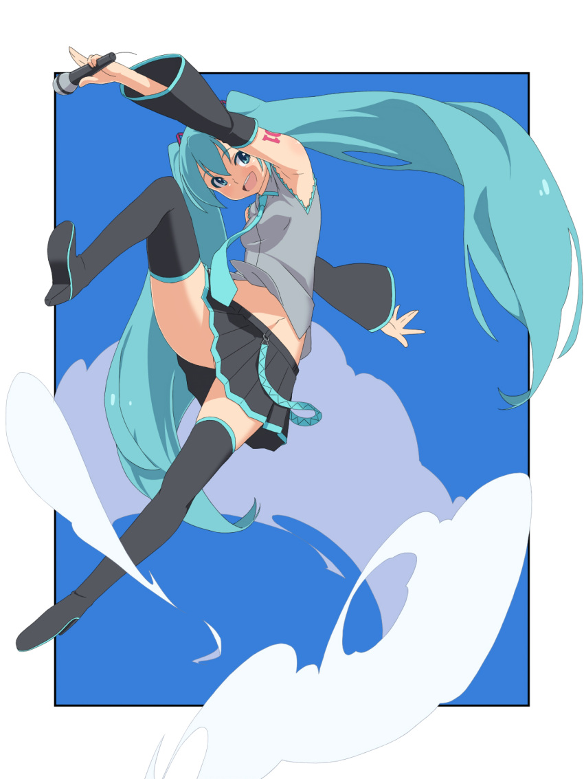 aqua_eyes aqua_hair detached_sleeves hatsune_miku highres komakedara long_hair looking_at_viewer microphone necktie open_mouth skirt smile solo thigh-highs thighhighs twintails very_long_hair vocaloid zettai_ryouiki