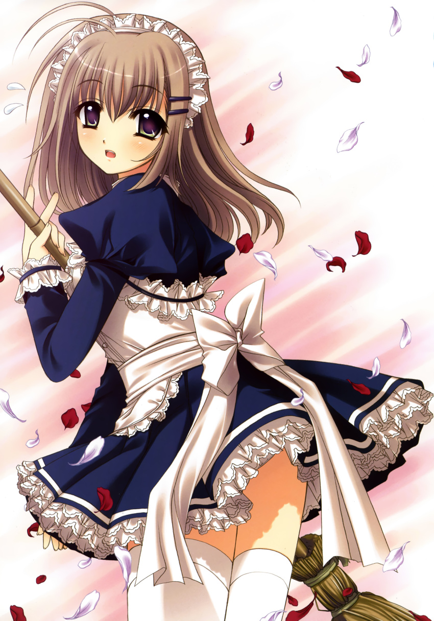 absurdres blush broom brown_hair copyright_request d: highres looking_back maid maid_headdress nishimata_aoi open_mouth petals solo thigh-highs thighhighs