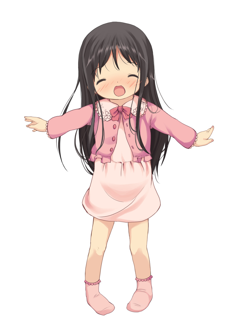 1girl :d absurdres anyannko black_hair blush child eyes_closed head_tilt highres long_hair nose_blush open_mouth original outstretched_arms pink_legwear pink_skirt smile socks solo spread_arms
