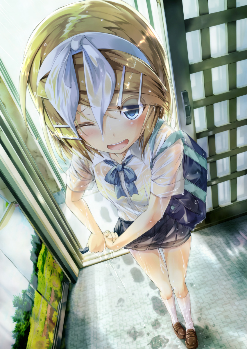1girl ;d bag blonde_hair blue_eyes blush bra daidou_(demitasse) from_above hair_ornament hair_ribbon hairband hairclip highres kagamine_rin loafers open_mouth ribbon school_bag school_uniform see-through shoes short_hair smile socks solo underwear vocaloid wet wet_clothes white_legwear wince wink wringing_clothes wringing_skirt yellow_bra