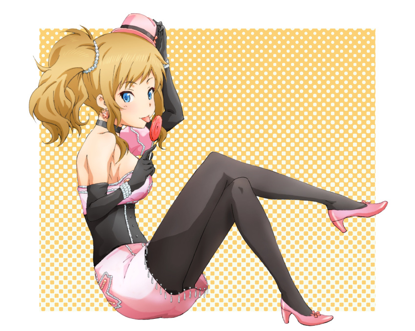 :p bare_shoulders black_legwear blue_eyes blush brown_hair candy character_request choker crossed_legs earrings elbow_gloves gloves hand_on_hat hat highres idolmaster idolmaster_cinderella_girls jewelry licking lollipop looking_at_viewer ootsuki_yui pantyhose short_hair sitting solo suneo_(goten) tongue
