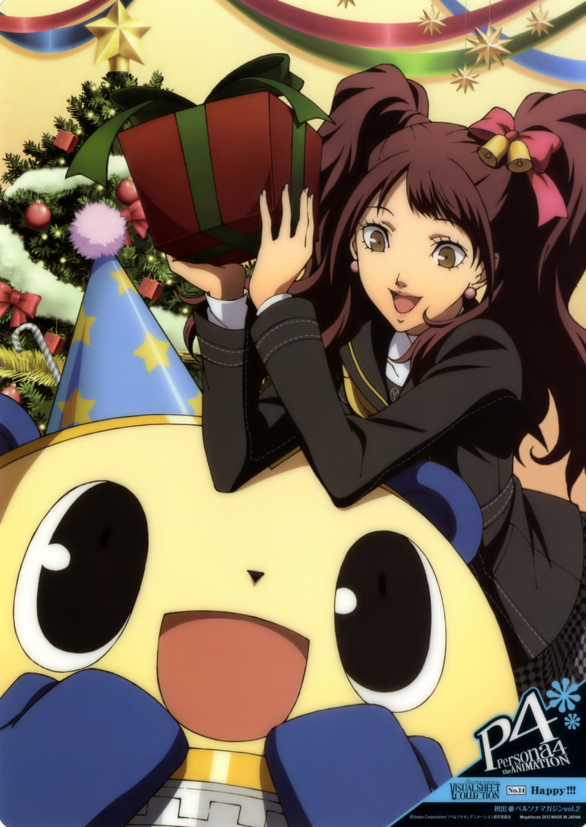 10s 1girl 1other 2012 a-1_pictures absurdres animal atlus auburn_hair black_eyes brown_eyes brown_hair christmas christmas_tree earrings gift happy hat highres jewelry kujikawa_rise kuma_(persona_4) lipstick makeup megami_tensei open_mouth party_hat persona persona_4 persona_4_the_animation pink_lipstick ribbon sakai_moe smile star surprised teddy_bear twintails