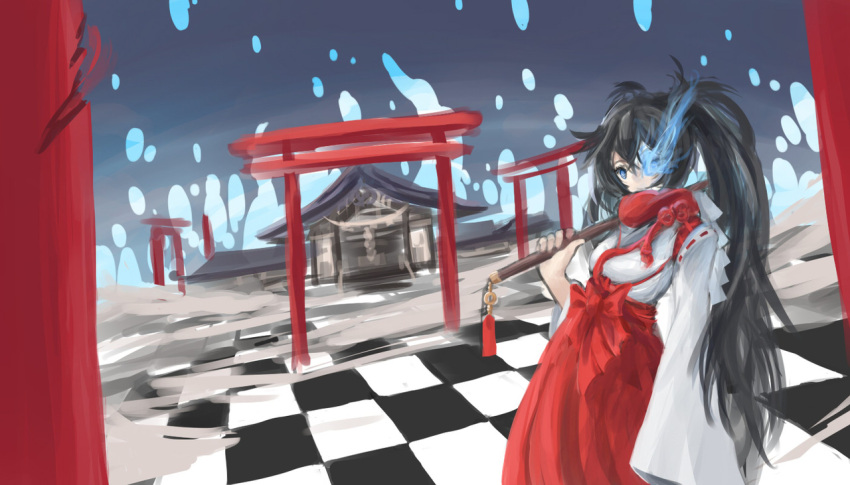alternate_costume arceonn black_hair black_rock_shooter black_rock_shooter_(character) blue_eyes checkered checkered_floor glowing glowing_eye gohei highres japanese_clothes long_hair miko shrine solo torii twintails wide_sleeves