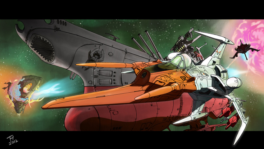 alien battle cosmo_zero dated explosion gamilas highres kujira_gunsou letterboxed missile oldschool science_fiction space space_craft uchuu_senkan_yamato uchuu_senkan_yamato_2199 yamato_(uchuu_senkan_yamato)