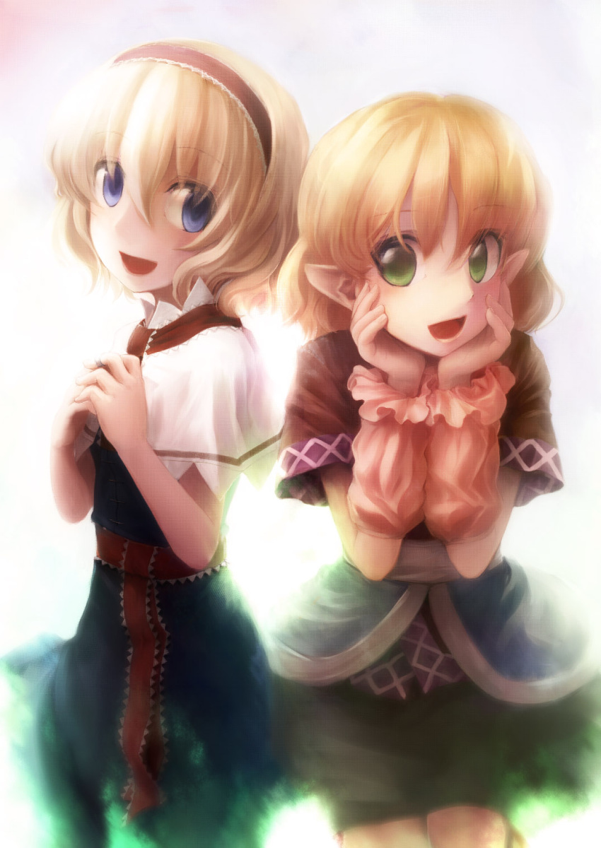 alice_margatroid arm_warmers blonde_hair blue_dress blue_eyes capelet dress green_eyes hairband hands_on_own_cheeks hands_on_own_face highres ikmg jewelry looking_at_viewer mizuhashi_parsee multiple_girls open_mouth pointy_ears ring sash shirt short_hair skirt smile touhou