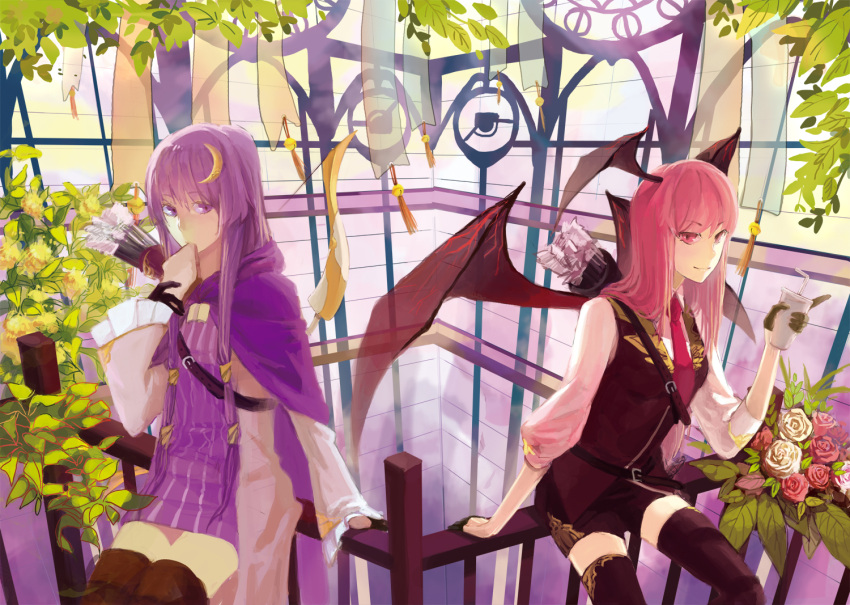 adapted_costume aneater arrow belt black_legwear bow_(weapon) bread crescent demon_wings eating flower food hair_ornament head_wings koakuma leaf long_hair long_sleeves multiple_girls patchouli_knowledge puffy_sleeves purple_eyes purple_hair quiver red_eyes red_hair redhead rose shorts sitting smile straw thigh-highs thighhighs touhou very_long_hair violet_eyes weapon wide_sleeves wings