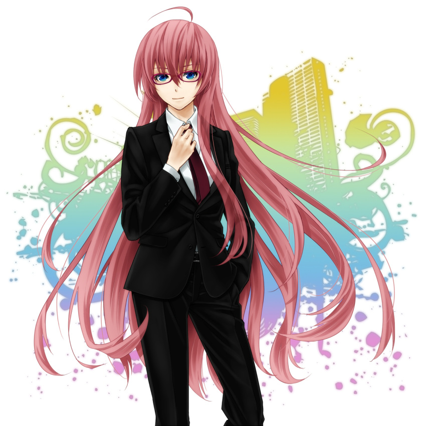 adjusting_tie ahoge asami_(undoundo) bespectacled blue_eyes business_suit crossdressinging female formal glasses highres long_hair looking_at_viewer megurine_luka necktie pant_suit pants pink_hair smile solo suit very_long_hair vocaloid