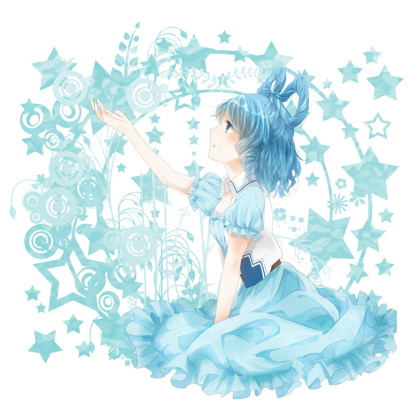 817nono blue_eyes blue_hair dress hair_rings highres kaku_seiga kneeling open_mouth outstretched_hand profile solo star touhou transparent_background vest