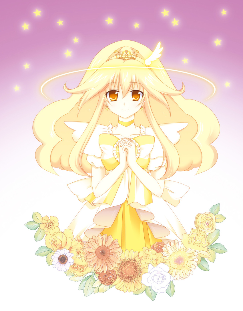 ahiduck blonde_hair bowtie brooch choker cure_peace dress earrings flower gradient gradient_background halo hands_clasped highres jewelry kise_yayoi long_hair magical_girl precure princess_form_(smile_precure!) purple_background smile smile_precure! solo star sunflower tiara white_background yellow yellow_dress yellow_eyes