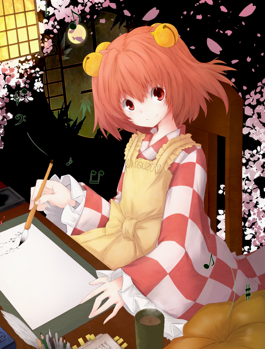 1girl absurdres apron bell checkered checkered_shirt cherry_blossoms clothes_writing cup feathers gavrof hair_bell hair_ornament highres jingle_bell long_sleeves looking_at_viewer moon motoori_kosuzu musical_note paintbrush pen pencil petals red_eyes redhead short_hair smile solo touhou twintails wide_sleeves writing