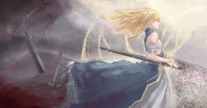 bare_shoulders blonde_hair breasts caliburn dress excalibur fate/stay_night fate/zero fate_(series) field_of_blades hair_down half-closed_eyes highres long_hair riftgarret saber sideboob solo sword torn_clothes torn_dress weapon