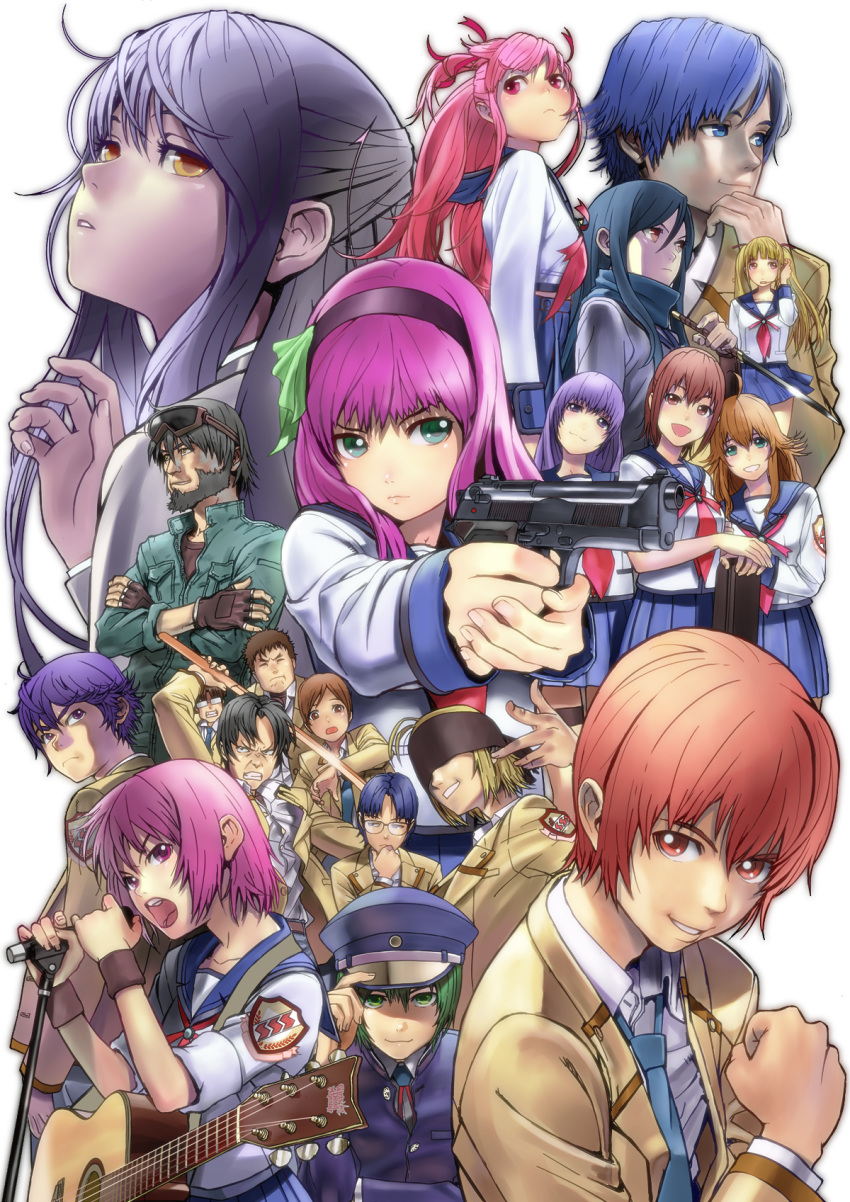 6+girls angel_beats! char_(angel_beats!) everyone fujimaki_(angel_beats!) guitar gun hat highres hinata_(angel_beats!) hisako_(angel_beats!) instrument iwasawa manbou_(manvow) matsushita microphone microphone_stand multiple_boys multiple_girls naoi_ayato noda_(angel_beats!) ooyama_(angel_beats!) otafuku otonashi_(angel_beats!) school_uniform serafuku shiina_(angel_beats!) sleeves_rolled_up tachibana_kanade takamatsu takeyama_(angel_beats!) tachibana_kanade tk_(angel_beats!) transparent_background weapon yui_(angel_beats!) yuri_(angel_beats!)