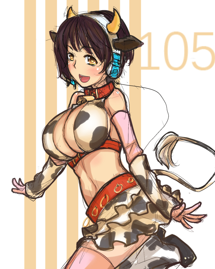 :d animal_ears bakuya bare_shoulders bell bell_collar blush boots breasts brown_eyes brown_hair collar cow_bell cow_ears cow_horns cow_print elbow_gloves gloves headset heart heart-shaped_pupils highres horns idolmaster idolmaster_cinderella_girls large_breasts oikawa_shizuku open_mouth short_hair smile solo standing symbol-shaped_pupils tail thigh-highs thighhighs