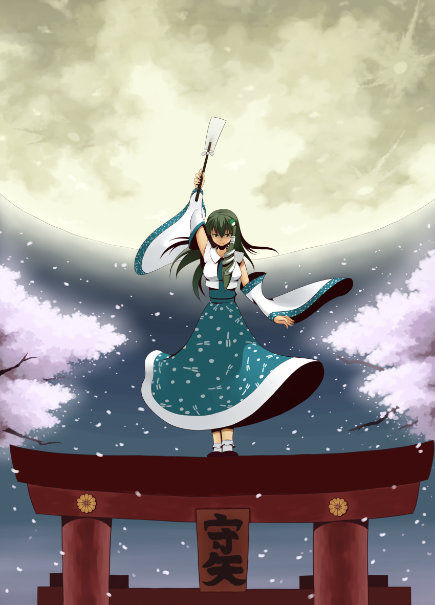 absurdres cherry_blossoms detached_sleeves frog green_hair hair_ornament highres kochiya_sanae long_hair long_skirt moon night outstretched_arms petals skirt smirk snake solo standing touhou tree wide_sleeves