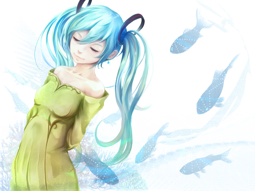 dress earrings eyes_closed fish hatsune_miku highres jewelry museum2088 smile vocaloid