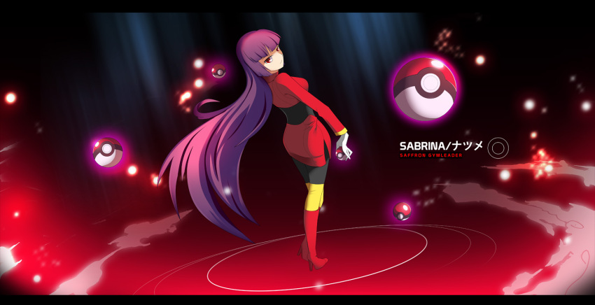 bangs blunt_bangs boots character_name full_body gloves high_heels hime_cut holding holding_poke_ball knee_boots letterboxed long_hair looking_at_viewer looking_back miniskirt natsume_(pokemon) pantyhose poke_ball pokemon pokemon_(game) pokemon_frlg purple_hair red_eyes shoes side_slit skirt smile solo southern-panda telekinesis turtleneck very_long_hair
