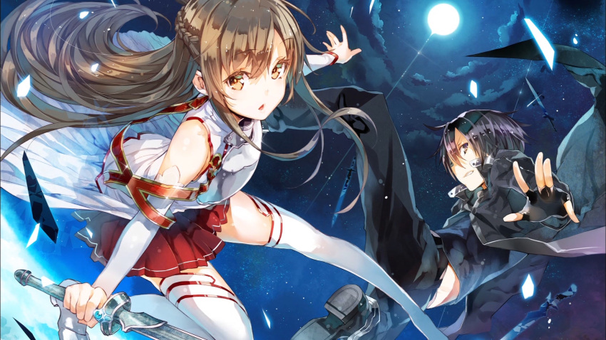 1girl :o armor asuna_(sao) black_hair breastplate brown_eyes brown_hair detached_sleeves eyecatch fingerless_gloves full_moon gloves grin half_updo highres kirito long_hair moon moonlight night night_sky official_art outstretched_arm outstretched_hand pants pleated_skirt shiny shiny_hair short_hair skirt sky smile star_(sky) starry_sky sword_art_online thigh-highs thighhighs white_legwear yuugen yuuki_asuna zettai_ryouiki