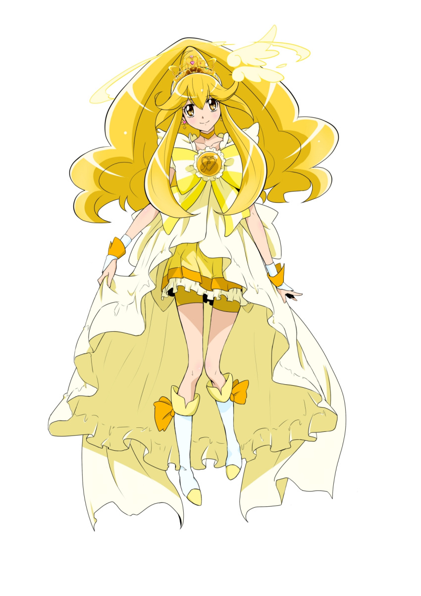 big_hair bike_shorts blonde_hair boots bow cure_peace dress earrings frills head_wings highres jewelry kise_yayoi long_hair nukosan. nukosann precure pretty_cure princess_form_(smile_precure!) shorts_under_skirt skirt smile smile_precure! solo wrist_cuffs yellow_eyes