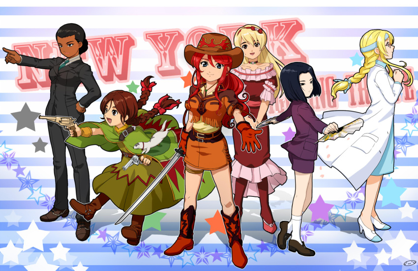 5girls :d androgynous animal belt black_hair blonde_hair blue_eyes boots bow braid brown_eyes brown_hair cape choker cowboy_boots cowboy_hat crossdressinging dark_skin diana_caprice dress dual_wielding english fan ferret folding_fan formal freckles frilled_dress frills gemini_sunrise glasses gloves grey_eyes gun hair_bow hairband hand_on_hip handgun hands_clasped hat headband high_heels katana kujou_subaru labcoat lipstick long_hair makeup mizuhara_aki multiple_girls necktie noko_(sakura_taisen) open_mouth outstretched_hand pantyhose pointing ponytail red_hair remington_new_model revolver rikaritta_aries sagitta_weinberg sakura_taisen sakura_taisen_v shoes short_hair shorts single_braid smile star suit sweatdrop sword taiga_shinjirou thigh_strap trap twin_braids vest weapon