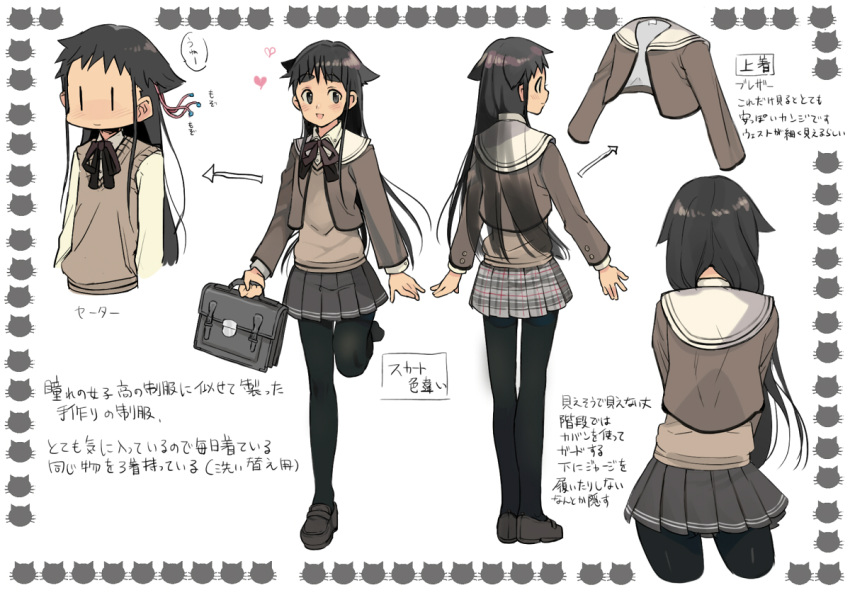 animal_ears bag black_eyes black_hair blazer blush cat_ears character_sheet cropped_legs crossdressinging directional_arrow highres long_hair male multiple_views open_mouth original pantyhose rand rand_(artist) ribbon school_uniform skirt smile solo standing_on_one_leg sweater_vest thigh-highs thighhighs translation_request trap turnaround