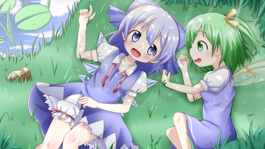 bloomers blue_eyes blue_hair bow cirno collarbone daiyousei fairy_wings fang grass green_eyes green_hair hair_bow hair_ribbon highres ice ice_wings lily_pad makuran multiple_girls open_mouth puffy_sleeves ribbon rock short_hair short_sleeves side_ponytail touhou wings