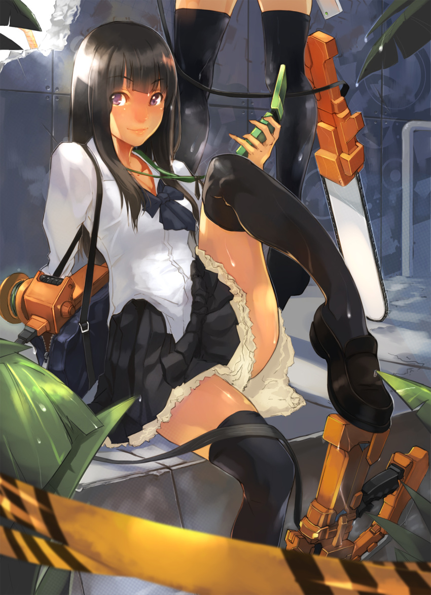 bag bigegg black_hair black_legwear bowtie caution_tape cellphone chainsaw copyright_request highres leg_lift lips loafers looking_at_viewer multiple_girls phone pleated_skirt purple_eyes school_uniform shiny shiny_skin shoes shoulder_bag sitting skirt smile tan thigh-highs thighhighs violet_eyes