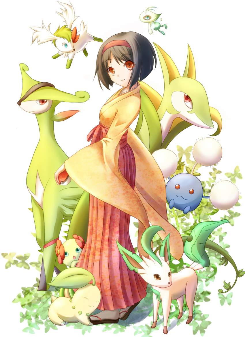 1girl alternate_form bellossom black_hair breasts butterfly celebi chikorita clog_sandals erika_(pokemon) flower gym_leader headband highres holding holding_poke_ball japanese_clothes jumpluff kimono leaf leafeon nekonekonene poke_ball pokemon pokemon_(creature) pokemon_(game) pokemon_frlg red_eyes serperior shaymin short_hair smile virizion