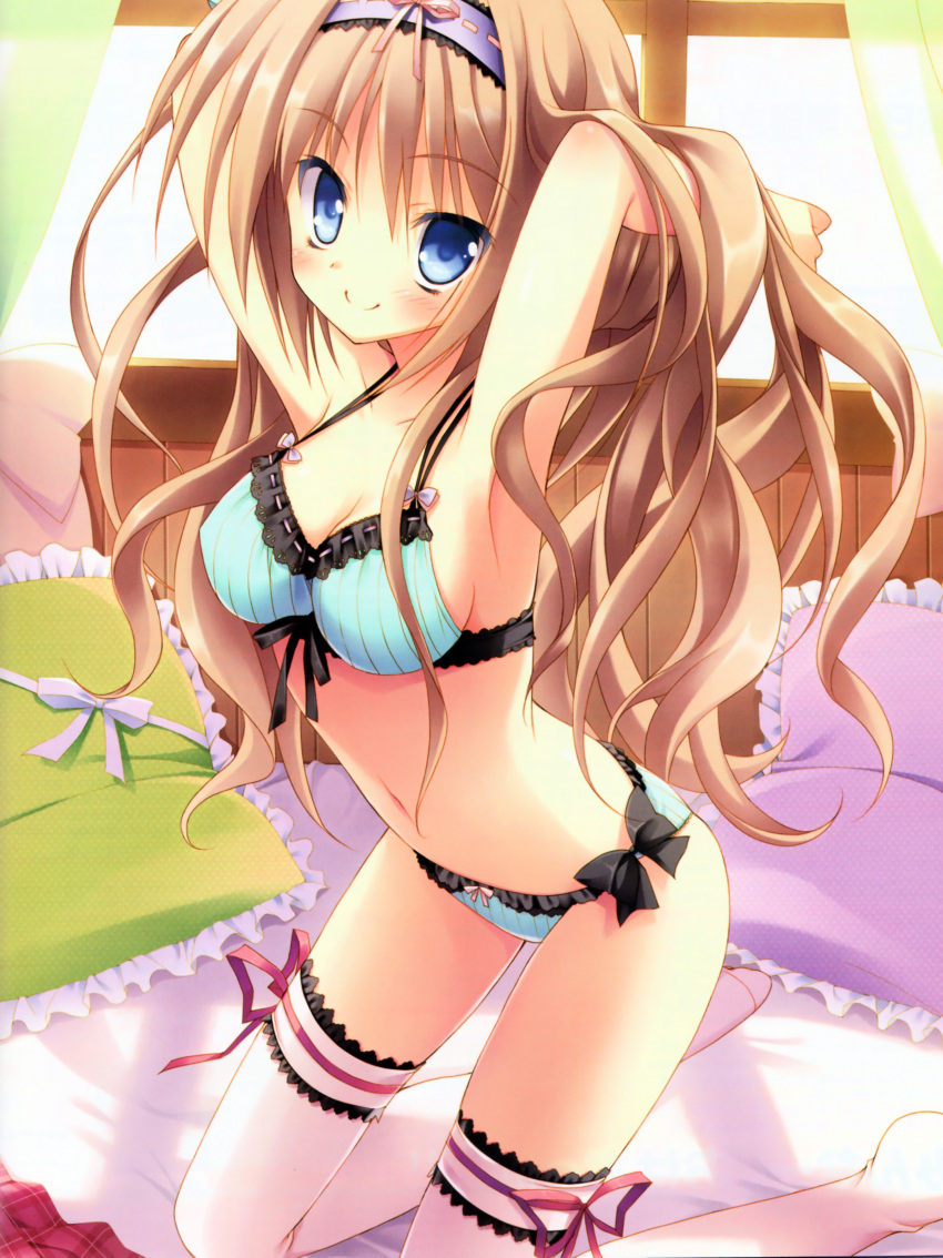 absurdres arched_back armpits arms_up bare_shoulders blue_bra blue_eyes blue_panties blush bow bow_panties bra brown_hair copyright_request cushion frills front-tie_top highres kneeling lolita_hairband long_hair navel panties scan side-tie_panties smile solo thigh-highs thighhighs toranosuke underwear white_legwear window