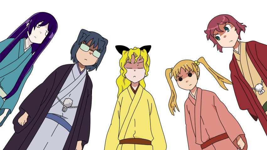 blonde_hair hair_bobbles hair_ornament hakama hakamichi_shizune heeeeee highres ibarazaki_emi ikezawa_hanako japanese_clothes joshiraku katawa_shoujo long_hair multiple_girls parody purple_hair red_hair satou_lilly short_hair simple_background tezuka_rin twintails