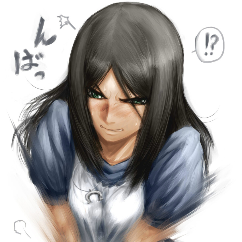 1girl alice:_madness_returns alice_(wonderland) alice_in_wonderland american_mcgee's_alice american_mcgee's_alice apron black_hair blush breasts ceramic_man green_eyes highres jewelry long_hair motion_blur necklace sweatdrop white_background