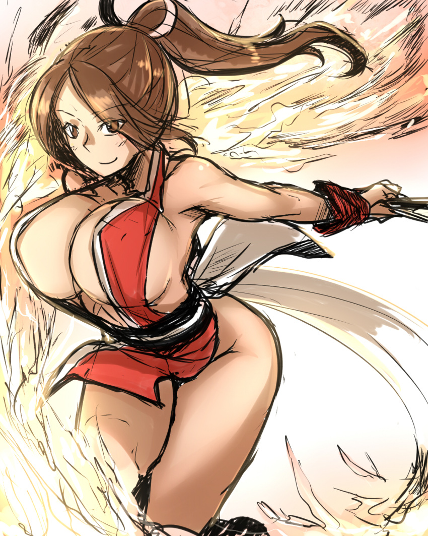 bakuya bare_shoulders bouncing_breasts breasts brown_eyes brown_hair curvy fatal_fury highres huge_breasts king_of_fighters ponytail shiranui_mai sketch smile snk solo
