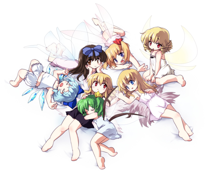 ass asyura7 blonde_hair bloomers blue_hair blush bottomless bow brown_hair child cirno closed_eyes collarbone curly_hair daiyousei dual_persona eyes_closed fairy fairy_wings fang green_hair hair_bow hair_ribbon highres kneeling lily_black lily_white long_hair luna_child multiple_girls open_mouth red_eyes ribbon short_hair side_ponytail sleeping sleeveless smile star_sapphire sunny_milk touhou twintails underwear underwear_only wings yellow_eyes yousei_daisensou
