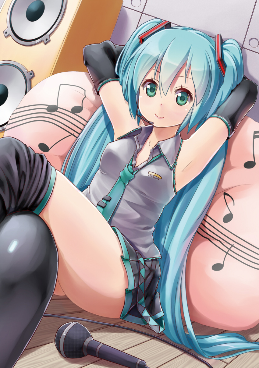 aqua_hair armpits arms_up crossed_legs green_eyes hatsune_miku headset highres long_hair microphone miu_(angelo_whitechoc) musical_note necktie sitting skirt smile solo speaker thigh-highs thighhighs twintails very_long_hair vocaloid wooden_floor